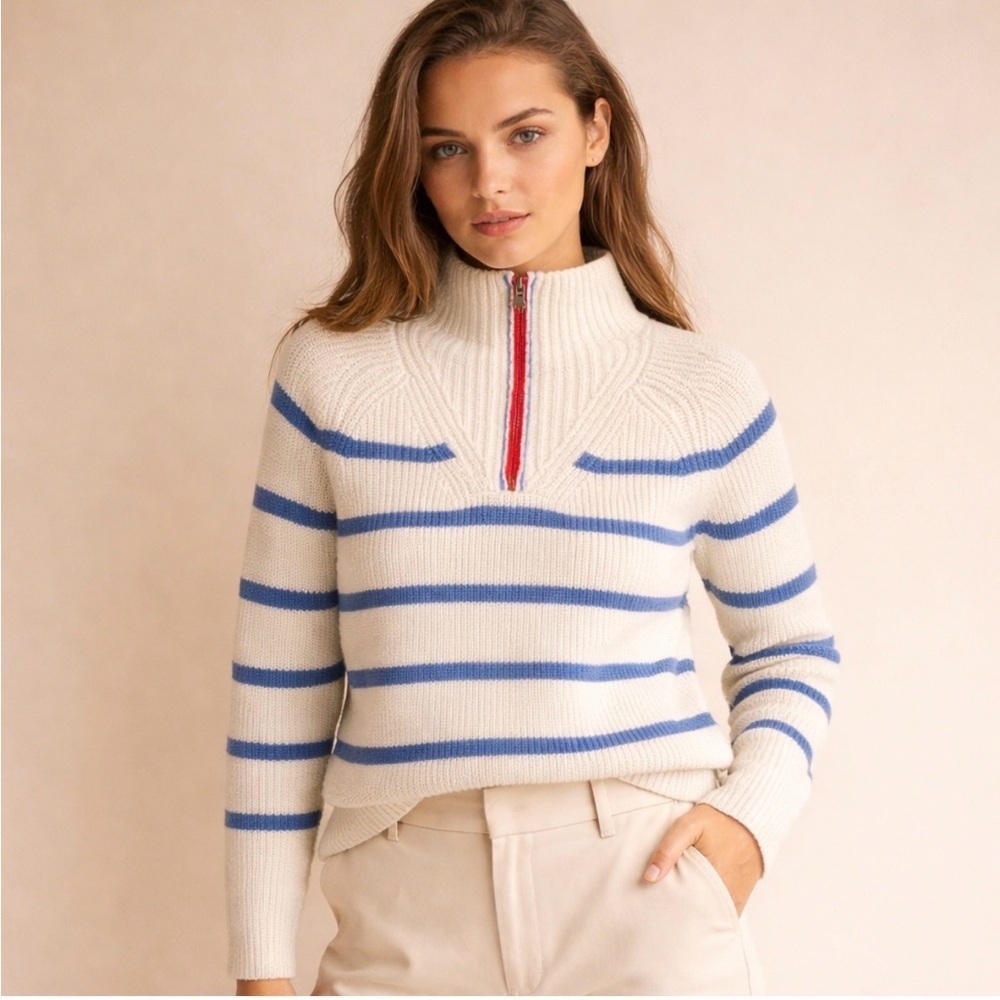 Talbots Blue and Cream Striped Turtleneck Sweater Half Zip Size Small